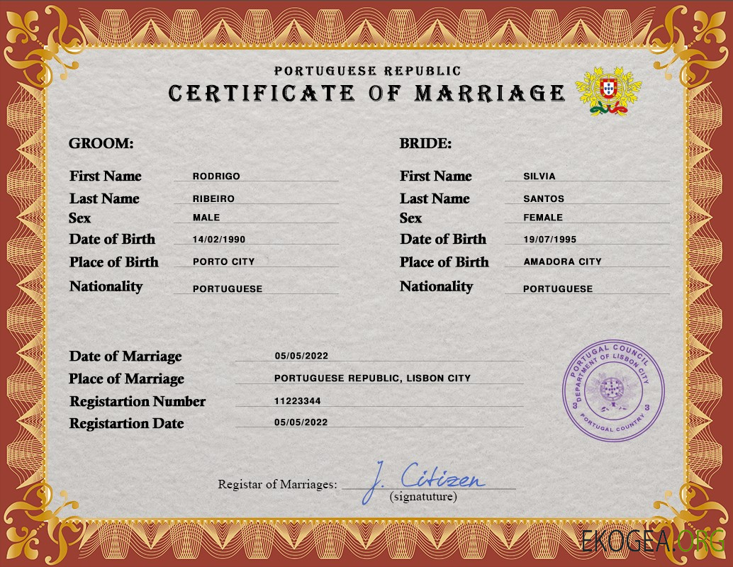 Modèle PSD de certificat de mariage au Portugal